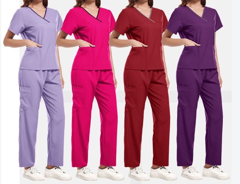 MedStitch scrub dresses in burgundy and blush colors